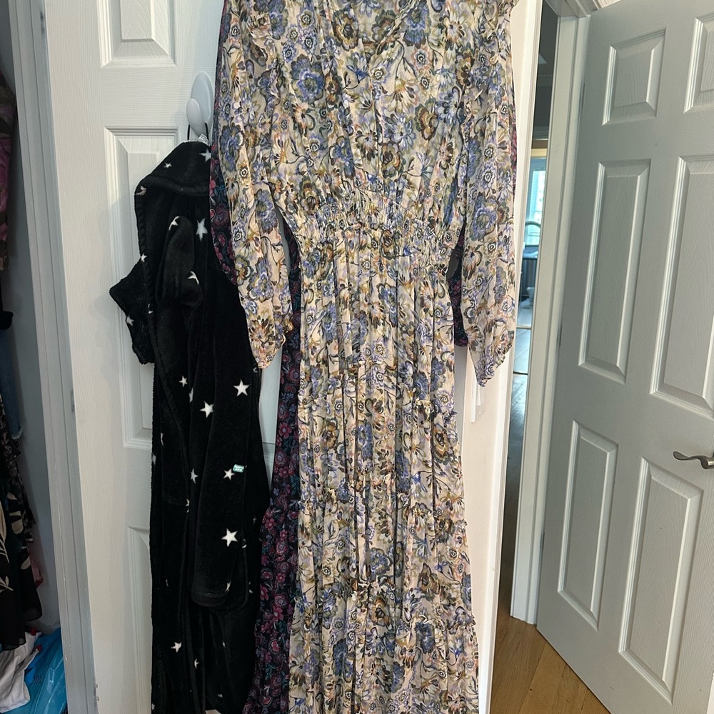 Misa Los Angeles Long Sleeve Maxi Dress with Blue and Cream Accents
